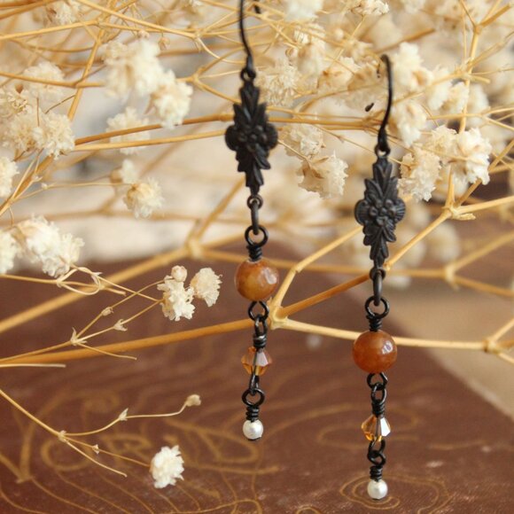 Handmade Women's Earrings, Black Metal with Brown Beads and a Faux Pearl Dangles - Picture 7 of 10